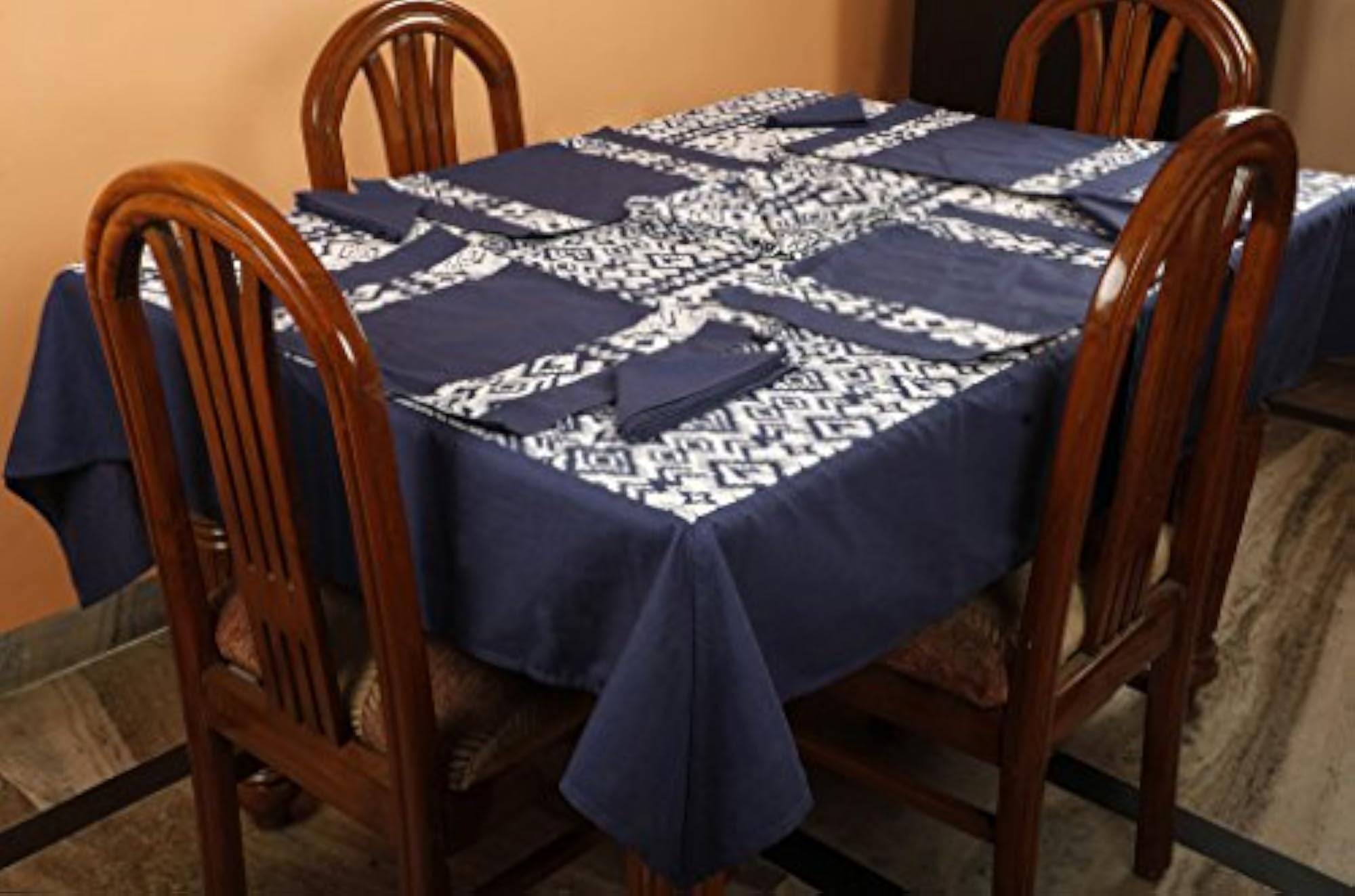 Ikat Printed Blue Table Cover with Place Mat & Napkin (Pack of 19)